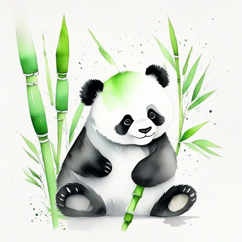 Happy panda with black and white fur, and green bamboo accessories. shares the gem with friends, bringing happiness. Colors: black, white, green