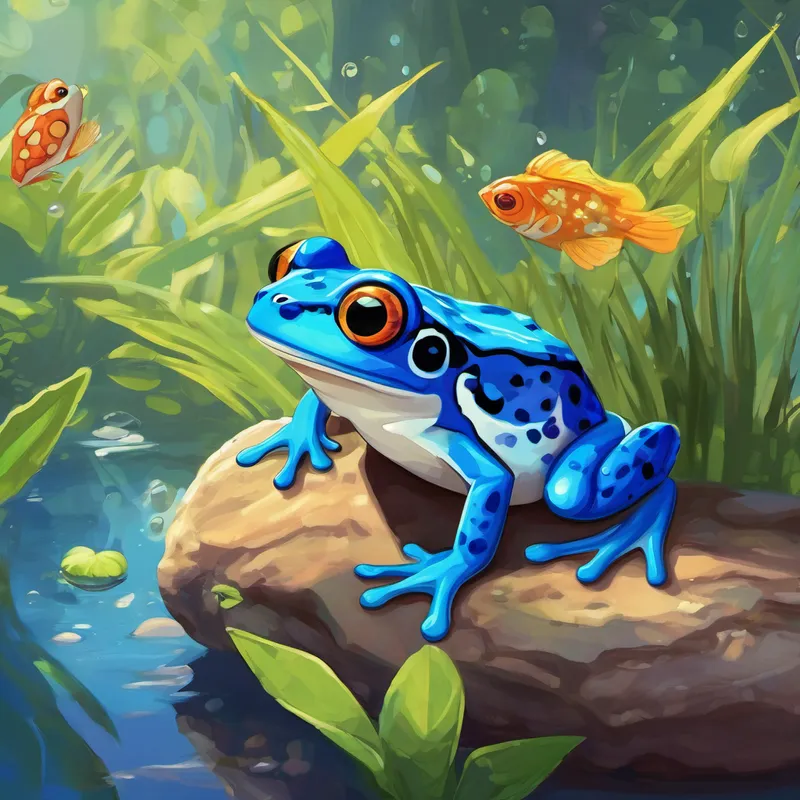 Once upon a time, in a small town called Blueberry Springs, there lived a little blue frog named Finn. Now, Finn wasn't your ordinary frog. He had lovely bright blue skin that shone so beautifully in the sunlight. He lived a happy life in a cozy aquarium with his froggy friends. One warm summer's day, the froggy friends were excitedly talking about a special delivery coming to the town. An aquarium van filled with new fish and sea creatures was scheduled to arrive that afternoon. Finn and his friends couldn't wait to meet and welcome their new friends to Blueberry Springs.