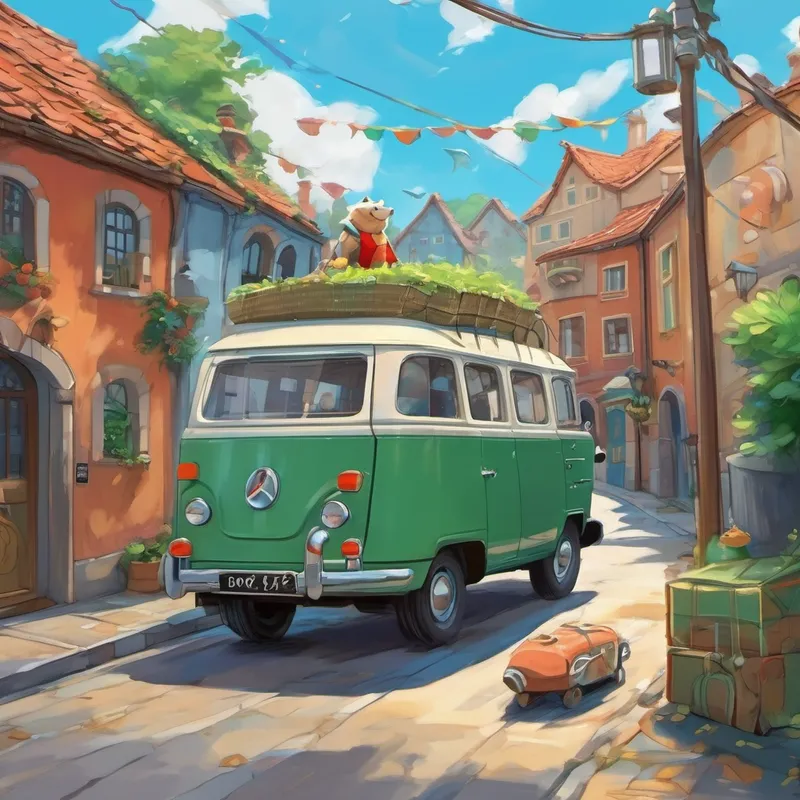 As the van entered the town, Finn curiously watched from his tank. Suddenly, the door of the van swung open, and a gust of wind blew through the aquarium, knocking over the bucket where Finn was splashing around. Startled, he hopped out of the tank, landing on the floor just as a delivery man scooped up all the fish into a net. Without thinking, Finn hopped onto the net, determined not to be left behind. The delivery man, unaware of Finn's presence, returned to the van and drove away, heading towards an adventure none of them had ever imagined.