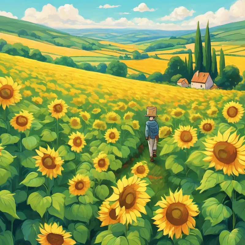 Little Finn, now hidden beneath the net, peered out through the gaps at the beautiful French countryside passing by. He saw rolling fields of sunflowers and vineyards that seemed to stretch for miles. Finn's heart filled with excitement and a hint of fear all at once. He was in an unknown world, but he was determined to make the best of it. As the van stopped to refuel at a charming French village, Finn seized the opportunity to escape. He hopped out of the van and found himself in a cozy garden filled with colorful flowers. Lush green grass tickled his tiny toes as he explored his surroundings.