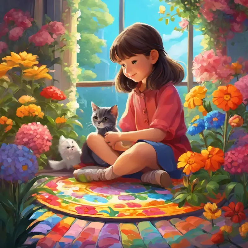The little girl and her cat sitting on a colorful mat, surrounded by beautiful flowers. They are counting the flowers, and there are numbers from one to ten floating around.