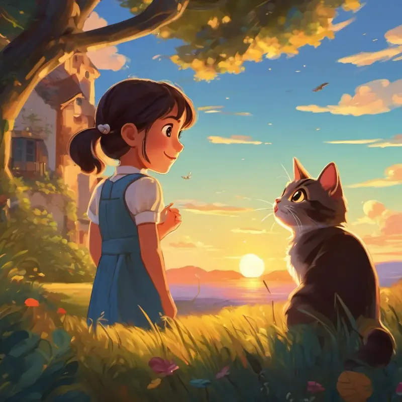 The little girl and her cat looking around but not seeing any more creatures. They are smiling and talking to each other, agreeing that counting was fun. The sun is setting in the background.