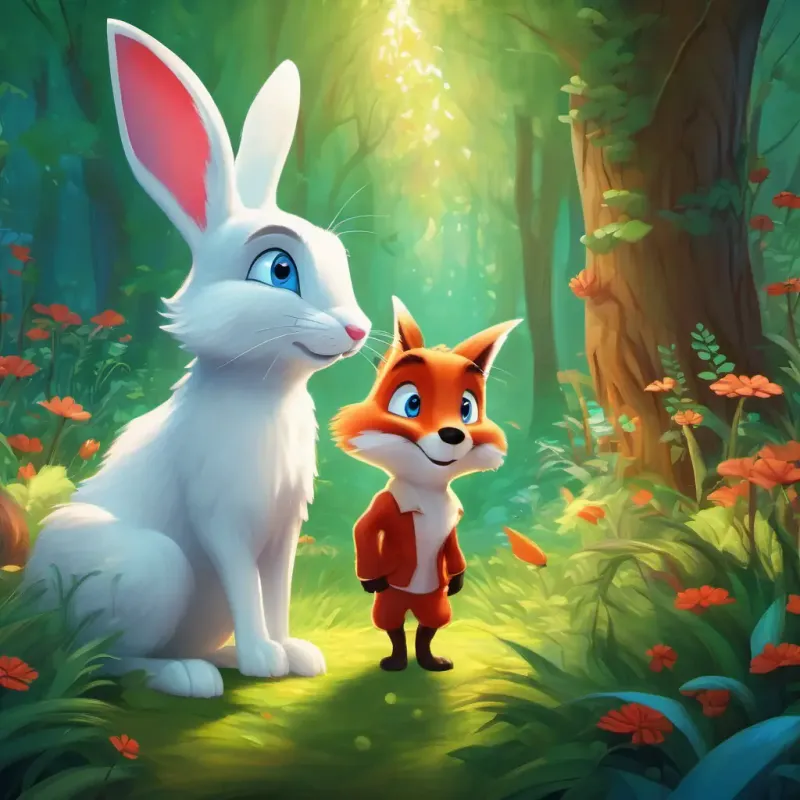 Introducing the magical forest and the main characters, Curious white bunny with bright blue eyes and Clever red fox with a bushy tail and green eyes.