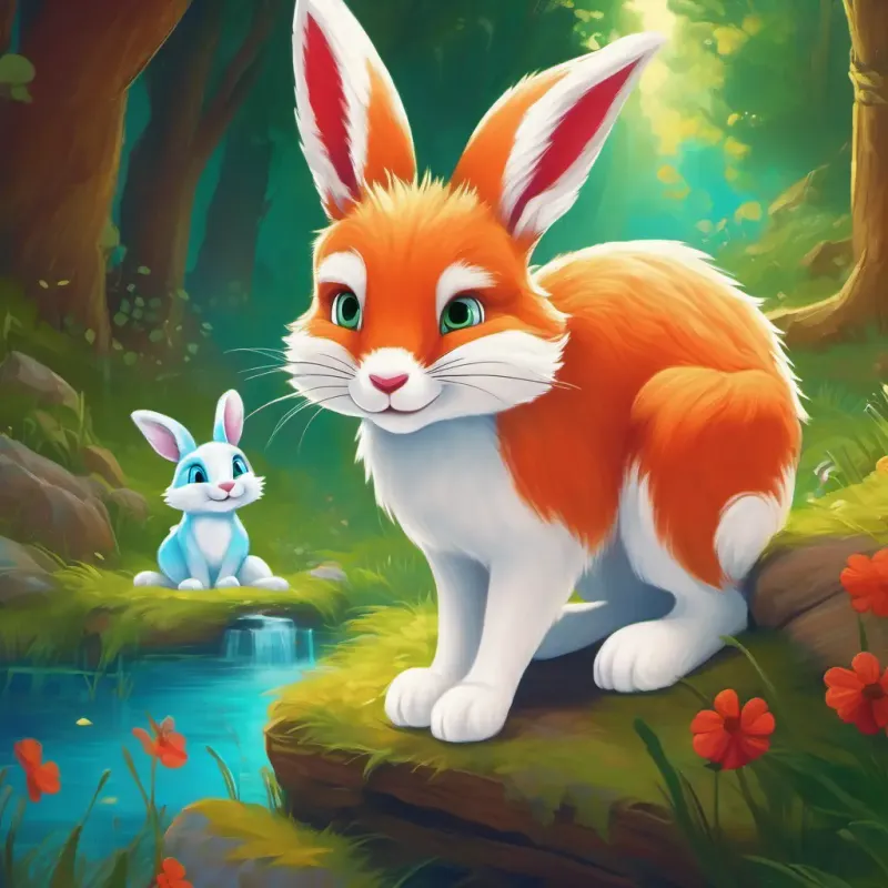 Curious white bunny with bright blue eyes and Clever red fox with a bushy tail and green eyes embark on an exciting adventure to find the hidden treasure.