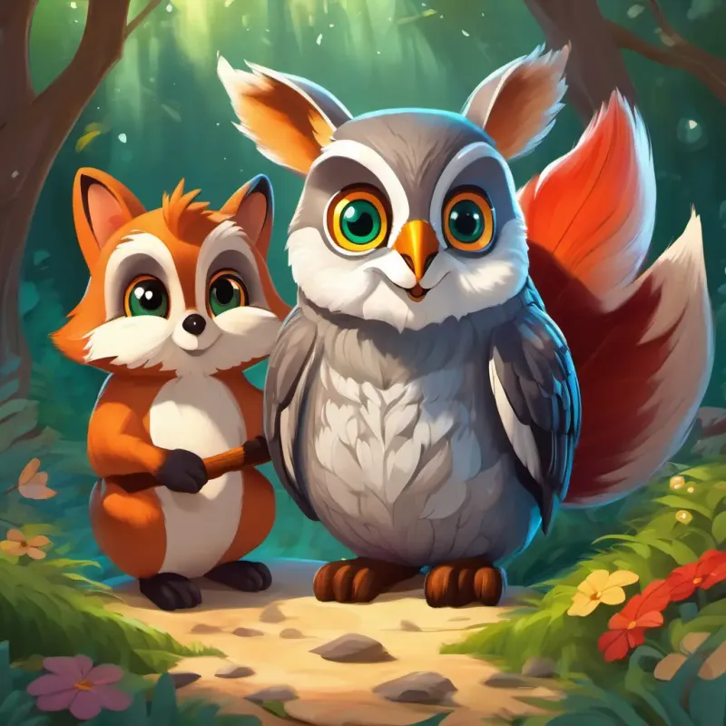 Introducing new characters, Wise gray owl with big round amber eyes and Energetic brown squirrel with a fluffy tail and sparkling black eyes, who join Curious white bunny with bright blue eyes and Clever red fox with a bushy tail and green eyes on their quest.