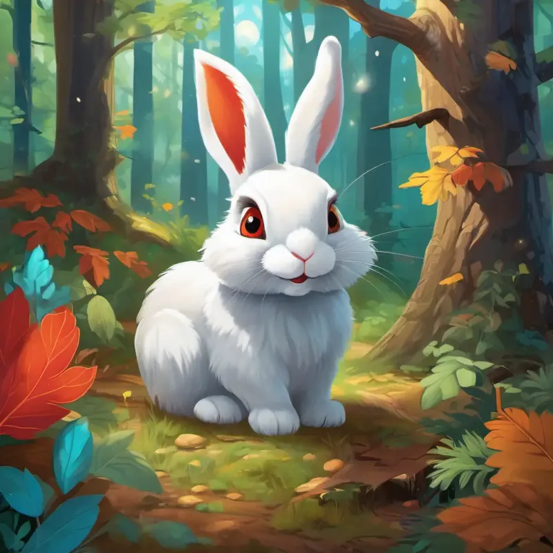 Curious white bunny with bright blue eyes, Clever red fox with a bushy tail and green eyes, Wise gray owl with big round amber eyes, and Energetic brown squirrel with a fluffy tail and sparkling black eyes reach the heart of the forest, where the treasure awaits.