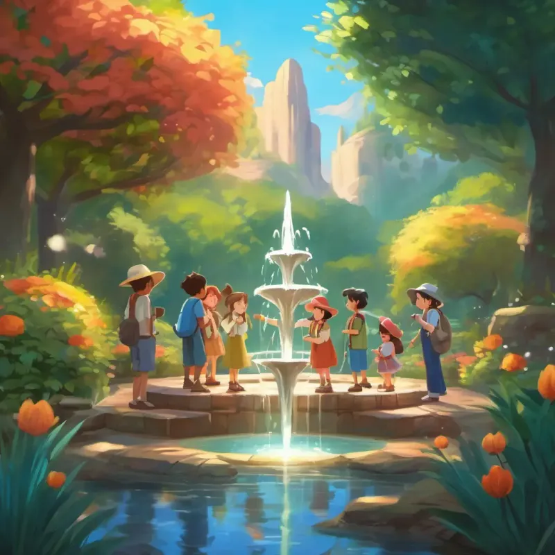 The group discovers the magical fountain and make heartfelt wishes for friendship and adventure.
