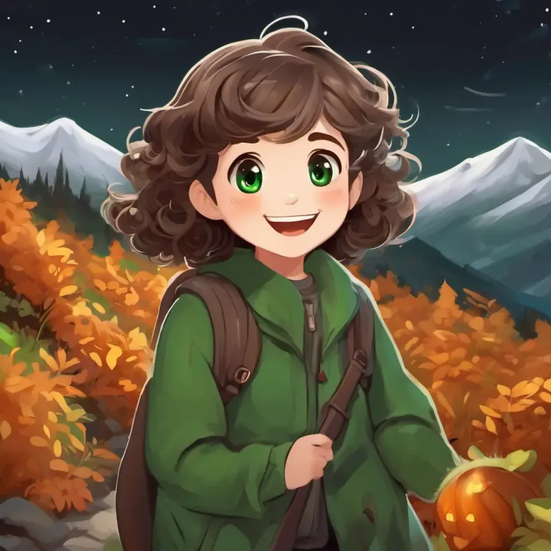 Curly brown hair, shining green eyes, and a big smile and Gray hair, twinkling brown eyes, and a kind face talking and laughing in the mountains
