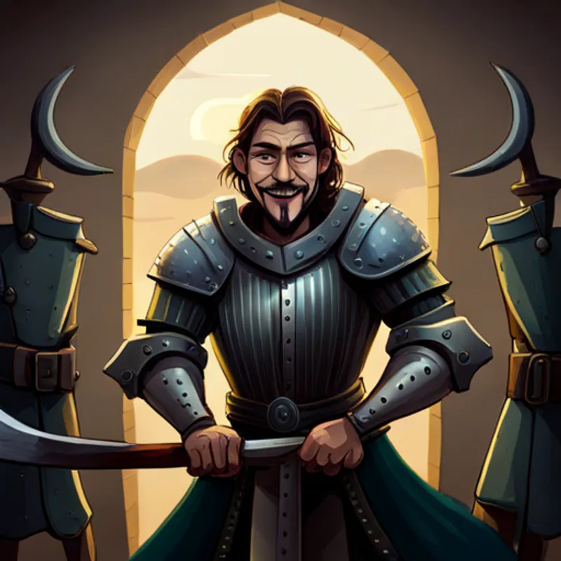 Pale, ethereal being with dark robes and scythe. laughing at Brave soldiers in Castilian armor, holding swords. in jail