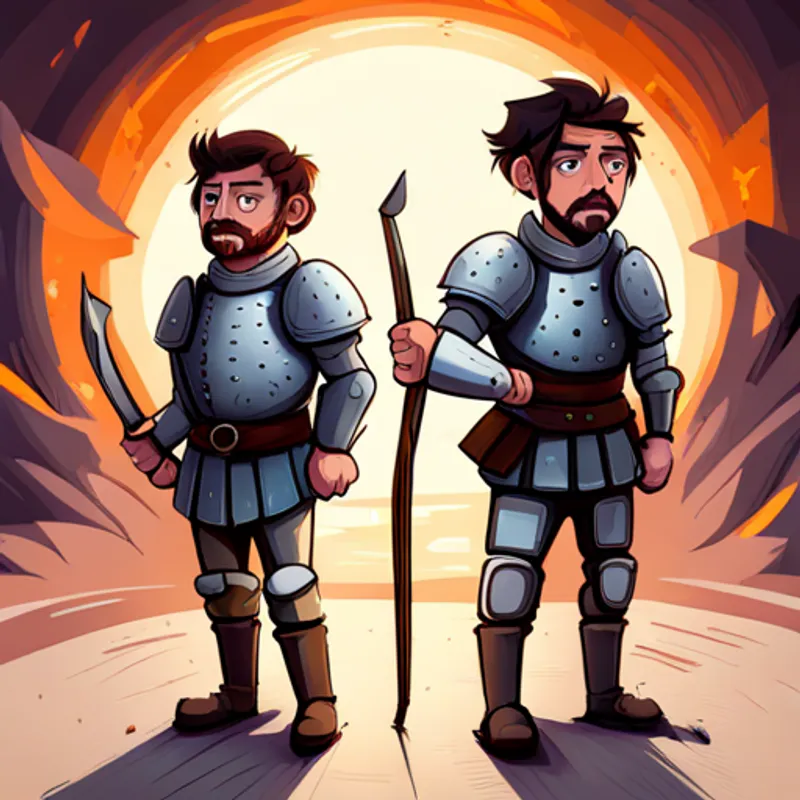 Confused and scared Brave soldiers in Castilian armor, holding swords. in jail