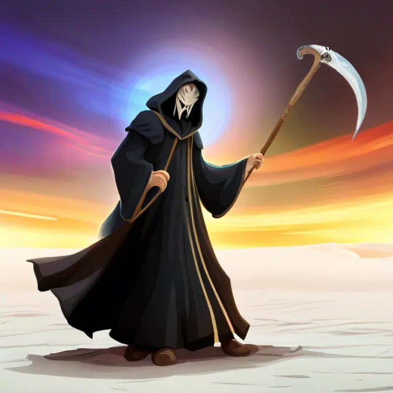 Pale, ethereal being with dark robes and scythe. telling jokes and singing funny songs