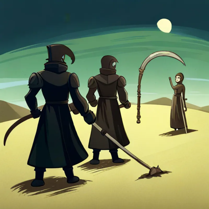 Pale, ethereal being with dark robes and scythe. and soldiers become friends in jail