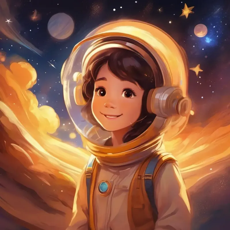 Space with stars, introducing Radiant, warm, golden glow, encouraging eyes, smiling who is bright and warm.