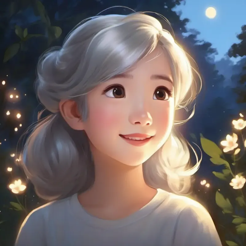 Soft silver light, serene, gentle eyes, content smile shining at night, overseeing the world.