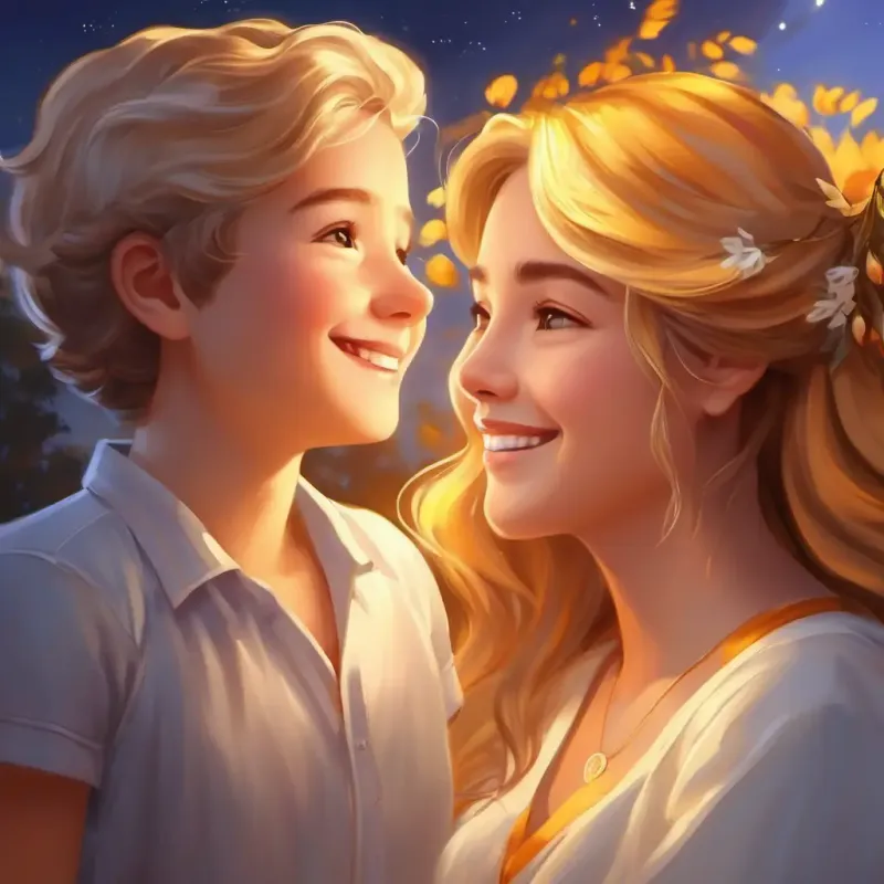 Highlighting the friendship of Radiant, warm, golden glow, encouraging eyes, smiling and Soft silver light, serene, gentle eyes, content smile and the cycle of day and night.