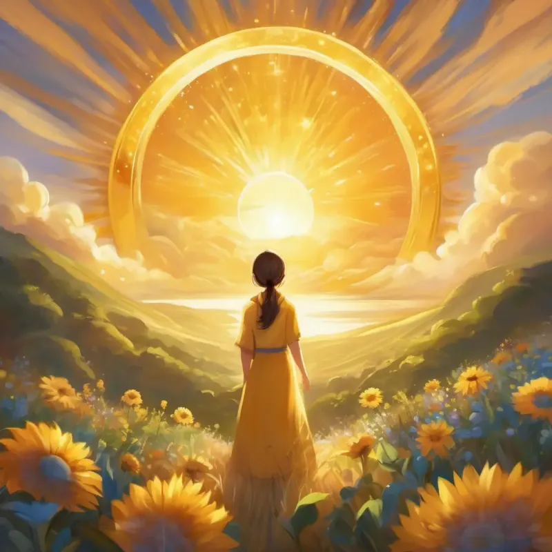 Conclusion celebrating Radiant, warm, golden glow, encouraging eyes, smiling and Soft silver light, serene, gentle eyes, content smile's contributions to Earth.