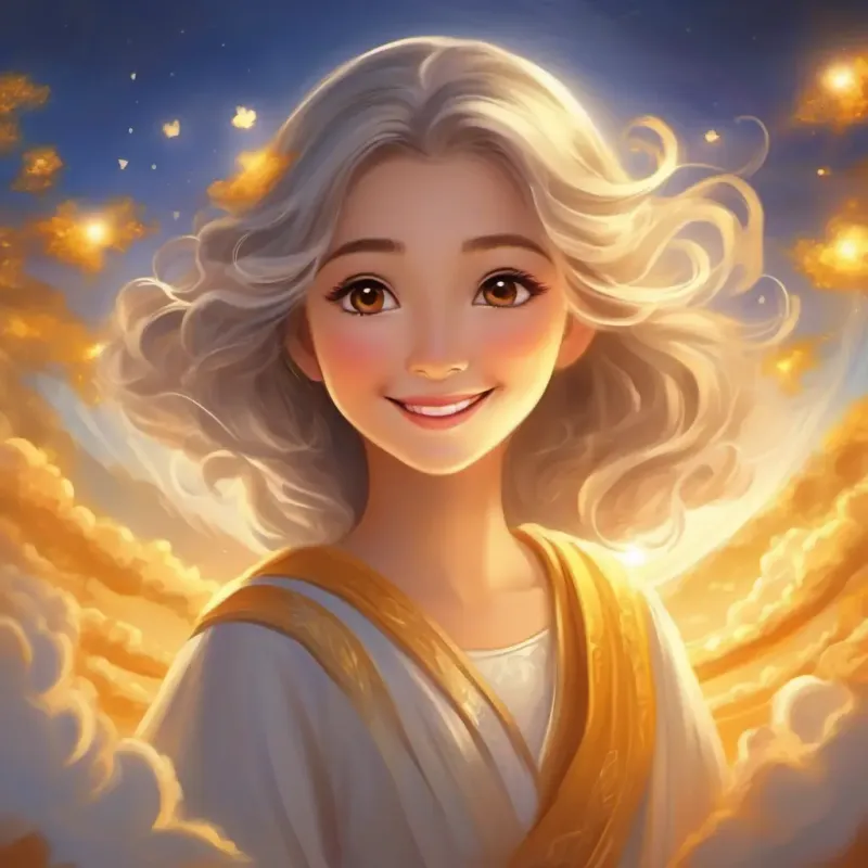 Radiant, warm, golden glow, encouraging eyes, smiling and Soft silver light, serene, gentle eyes, content smile expressing love for Earth through their sky dance.