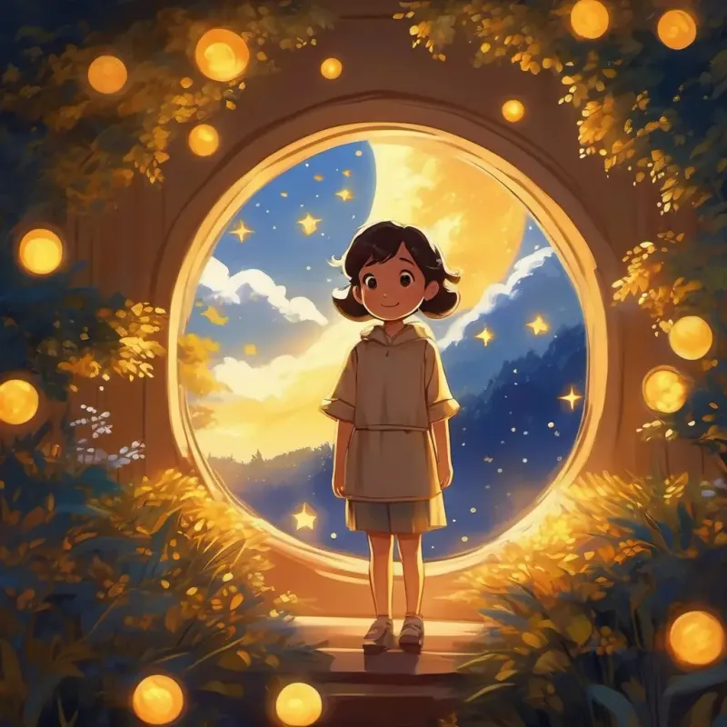 Radiant, warm, golden glow, encouraging eyes, smiling wishing to experience the night and stars.