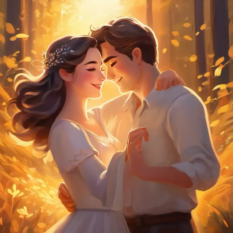 The beginning of a twilight where Radiant, warm, golden glow, encouraging eyes, smiling and Soft silver light, serene, gentle eyes, content smile dance together.