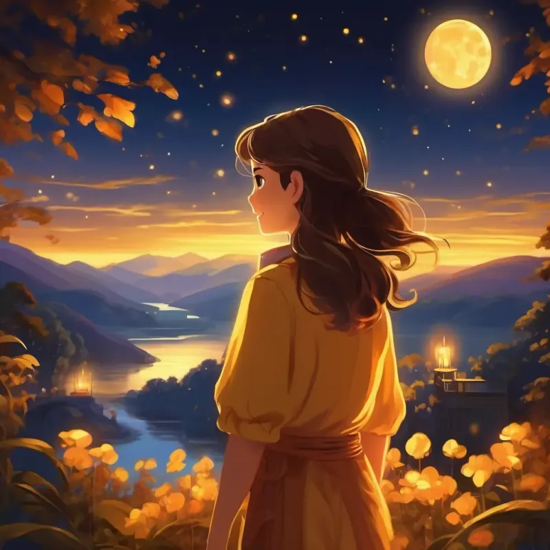 Radiant, warm, golden glow, encouraging eyes, smiling experiences the beauty of the night for the first time.