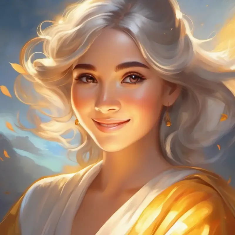 Radiant, warm, golden glow, encouraging eyes, smiling and Soft silver light, serene, gentle eyes, content smile understanding their roles in Earth's balance.