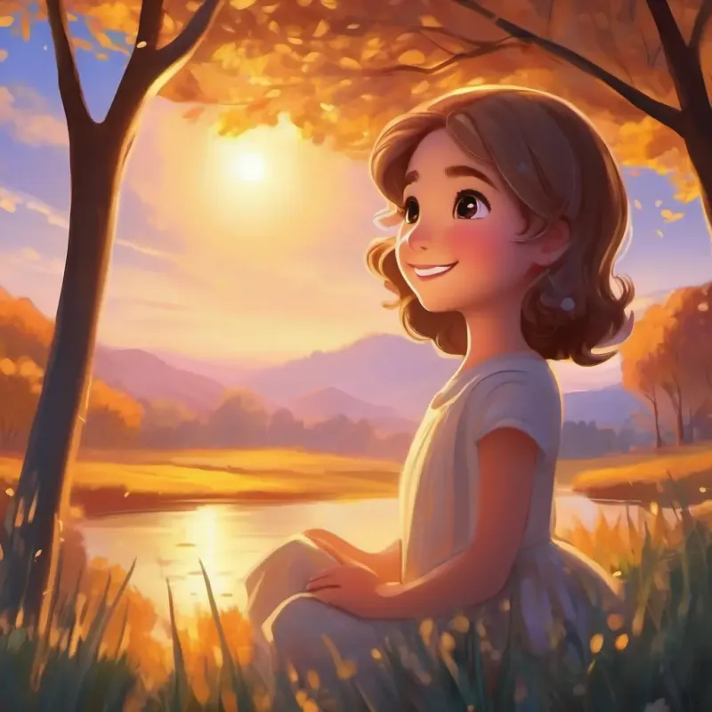 Illustrating the rare moments of Radiant, warm, golden glow, encouraging eyes, smiling and Soft silver light, serene, gentle eyes, content smile appearing together during twilight.