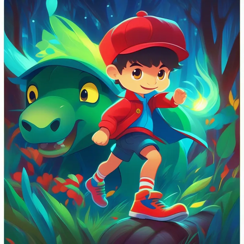 Leo: boy with blue shirt and green hat and Dante: boy with red jacket and yellow shoes finding a magical train, colors: blue, green