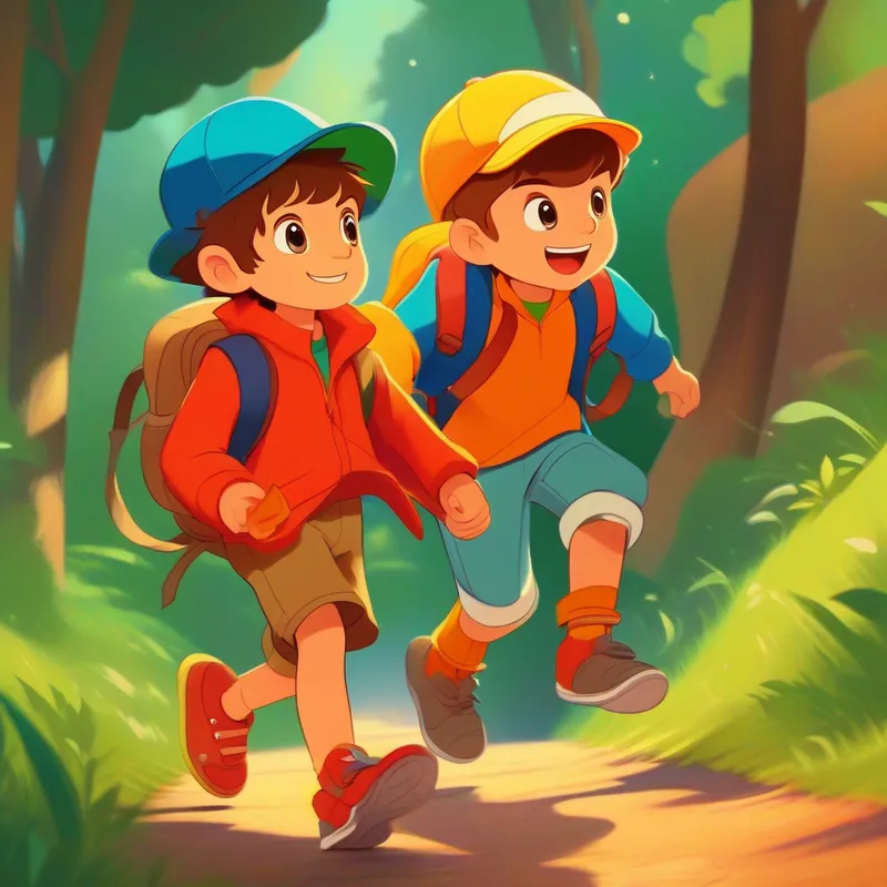 Leo: boy with blue shirt and green hat and Dante: boy with red jacket and yellow shoes going on an adventure, colors: orange, brown