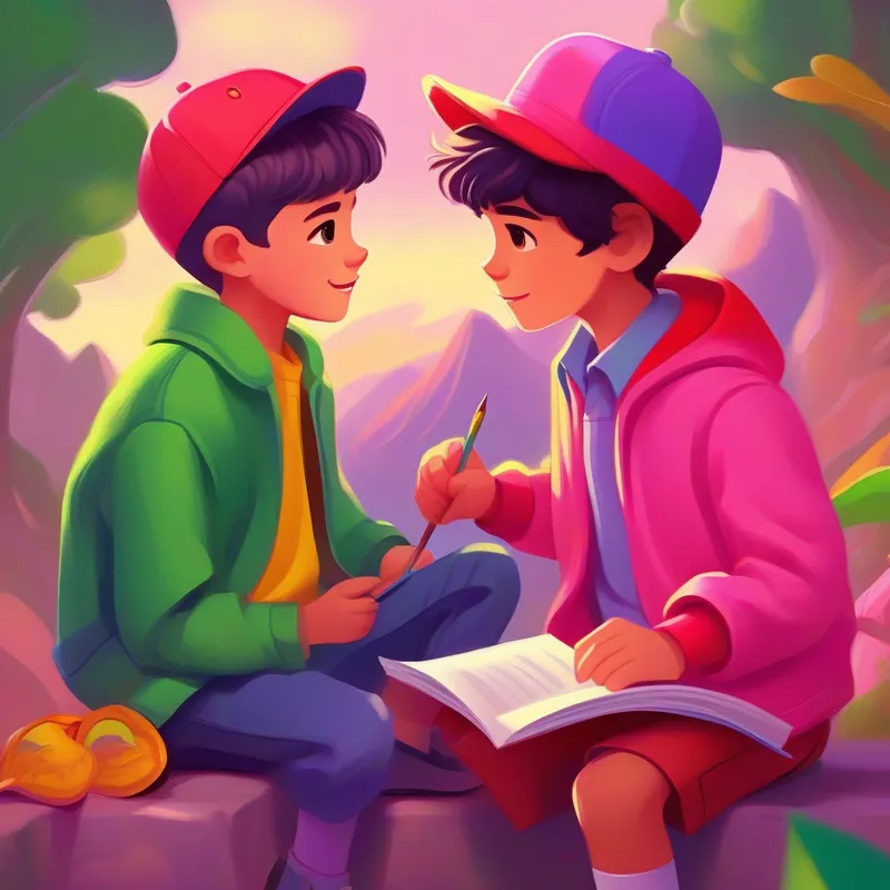 Leo: boy with blue shirt and green hat and Dante: boy with red jacket and yellow shoes brainstorming ideas, colors: pink, purple