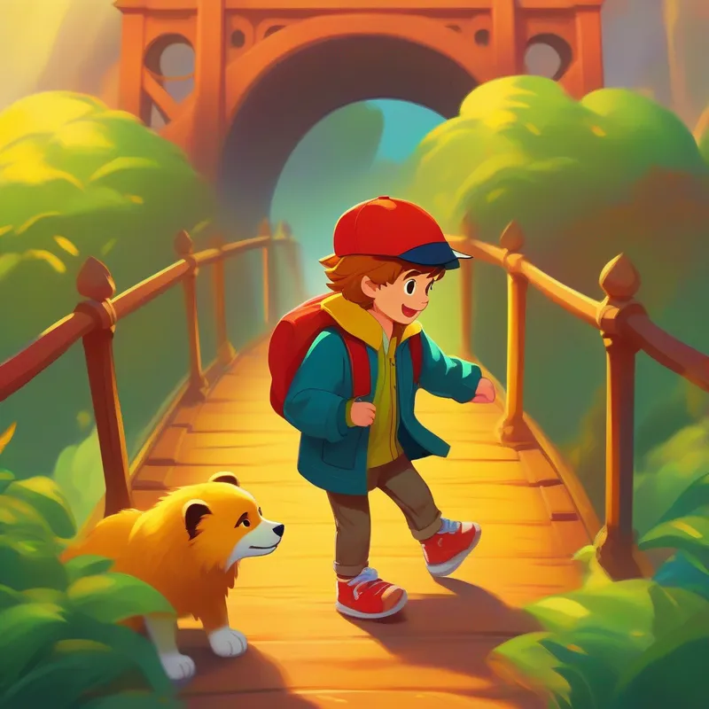 Leo: boy with blue shirt and green hat and Dante: boy with red jacket and yellow shoes crossing the bridge, colors: yellow, orange