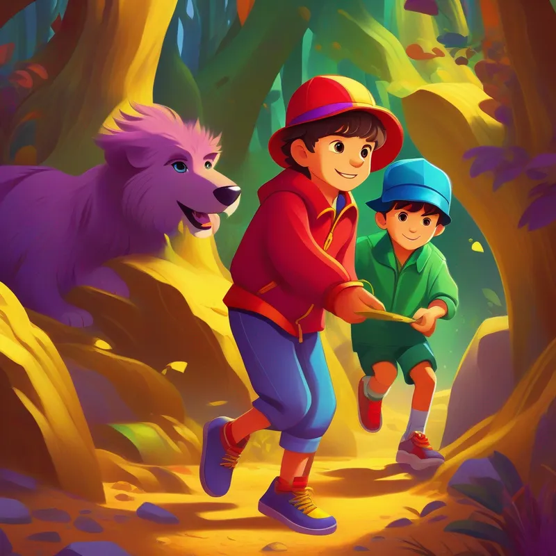 Leo: boy with blue shirt and green hat and Dante: boy with red jacket and yellow shoes finding the treasure, colors: gold, purple