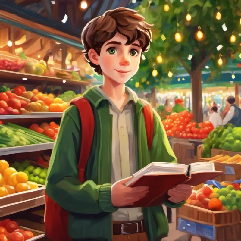 Introducing Curious boy, short brown hair, green eyes, carrying a notebook, the curious student at the market.