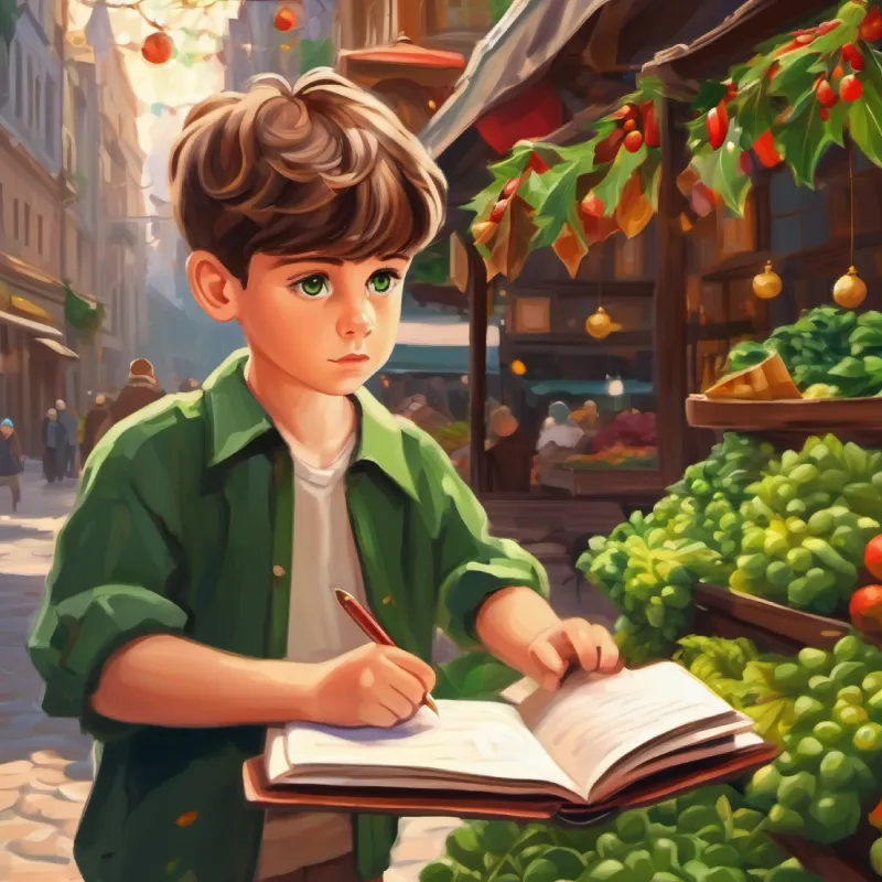 Curious boy, short brown hair, green eyes, carrying a notebook leaves the market, contemplating his new understanding.
