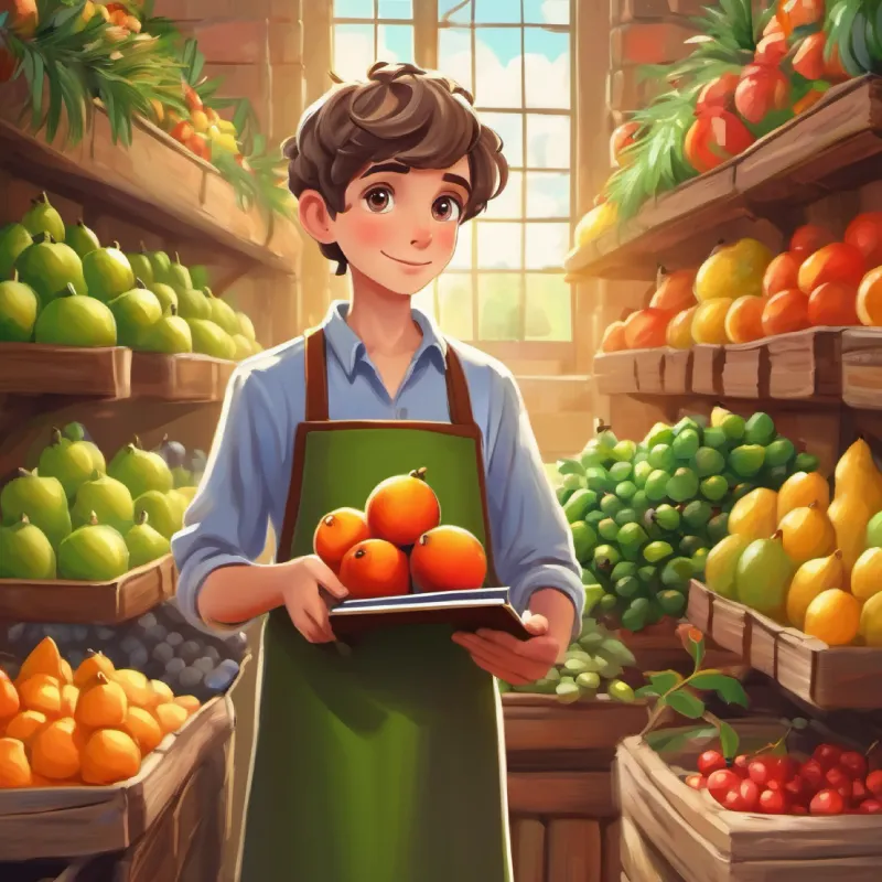 Curious boy, short brown hair, green eyes, carrying a notebook meets Warm vendor, gray-haired, wearing apron, wise eyes, olive skin, the friendly fruit vendor.