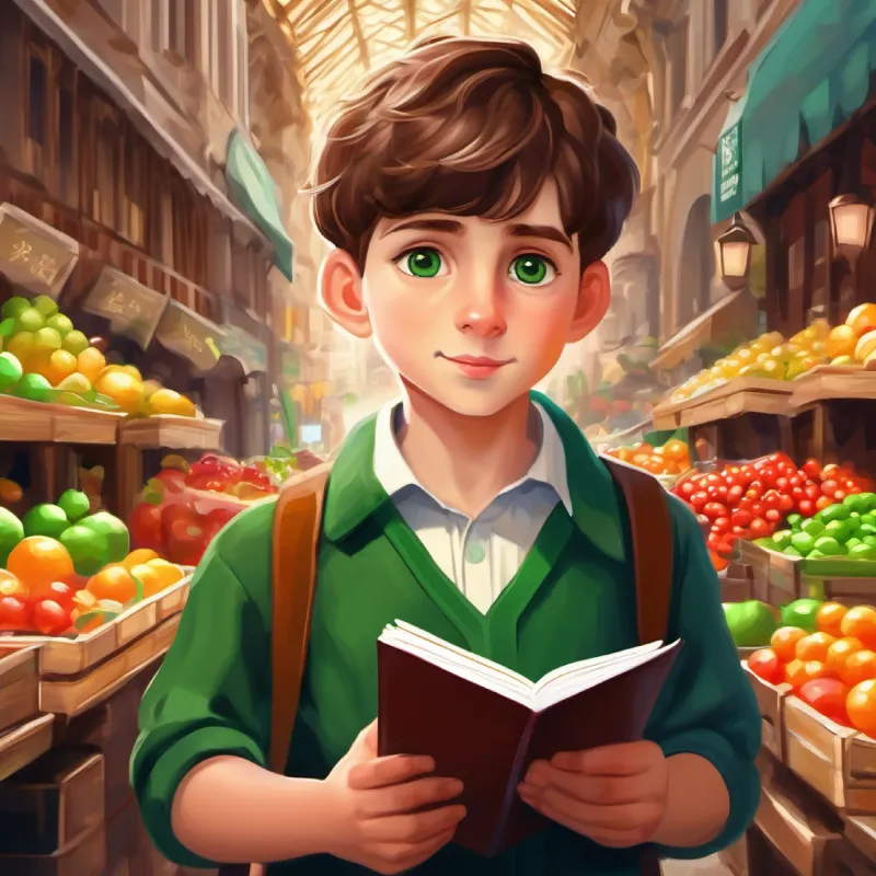 Curious boy, short brown hair, green eyes, carrying a notebook expresses curiosity about taxation at the market.