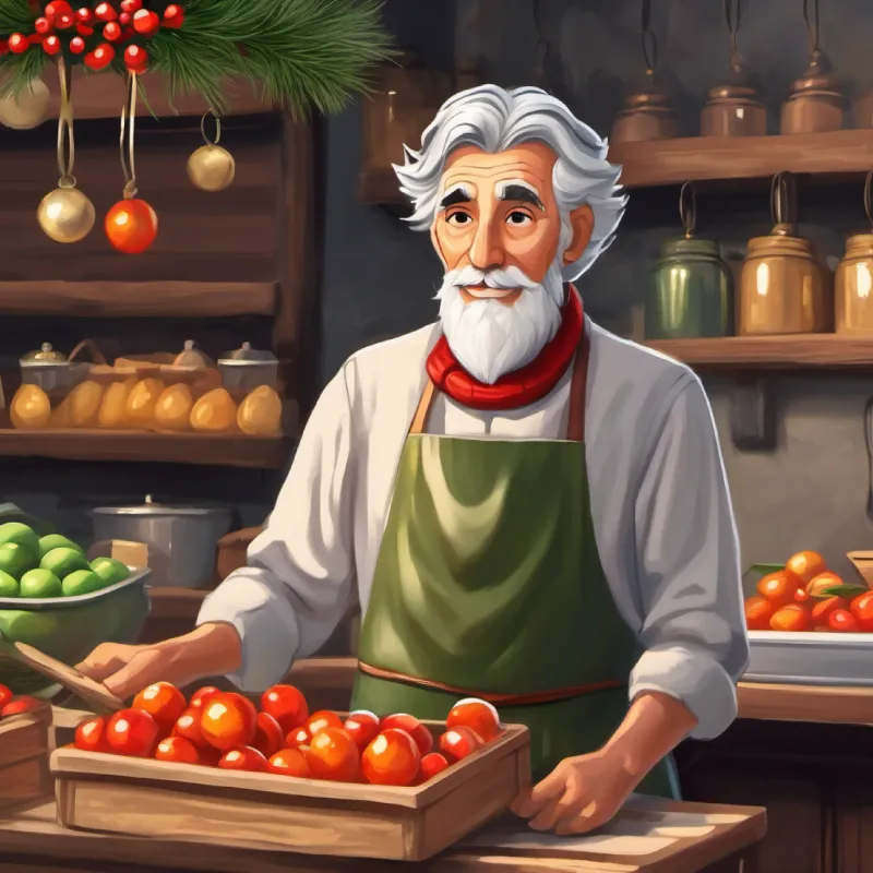 Warm vendor, gray-haired, wearing apron, wise eyes, olive skin begins to explain the purpose of taxes.
