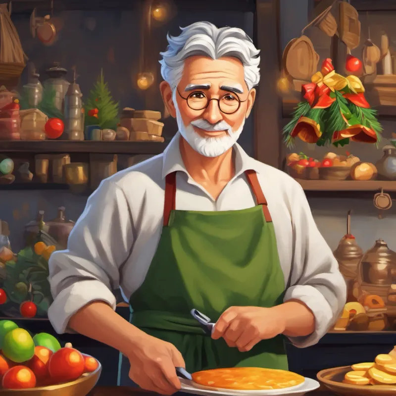 Warm vendor, gray-haired, wearing apron, wise eyes, olive skin uses an analogy to explain tax benefits.