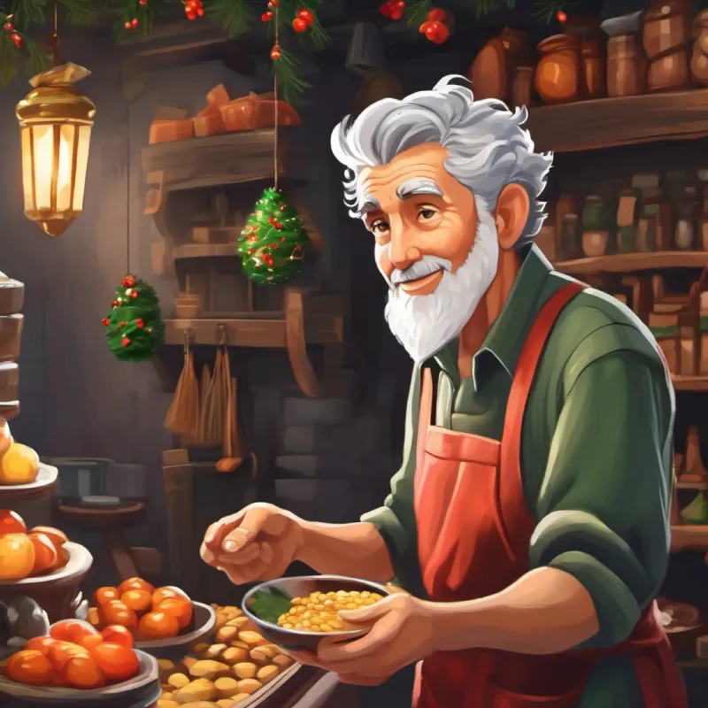 Warm vendor, gray-haired, wearing apron, wise eyes, olive skin talks about government budget allocation.