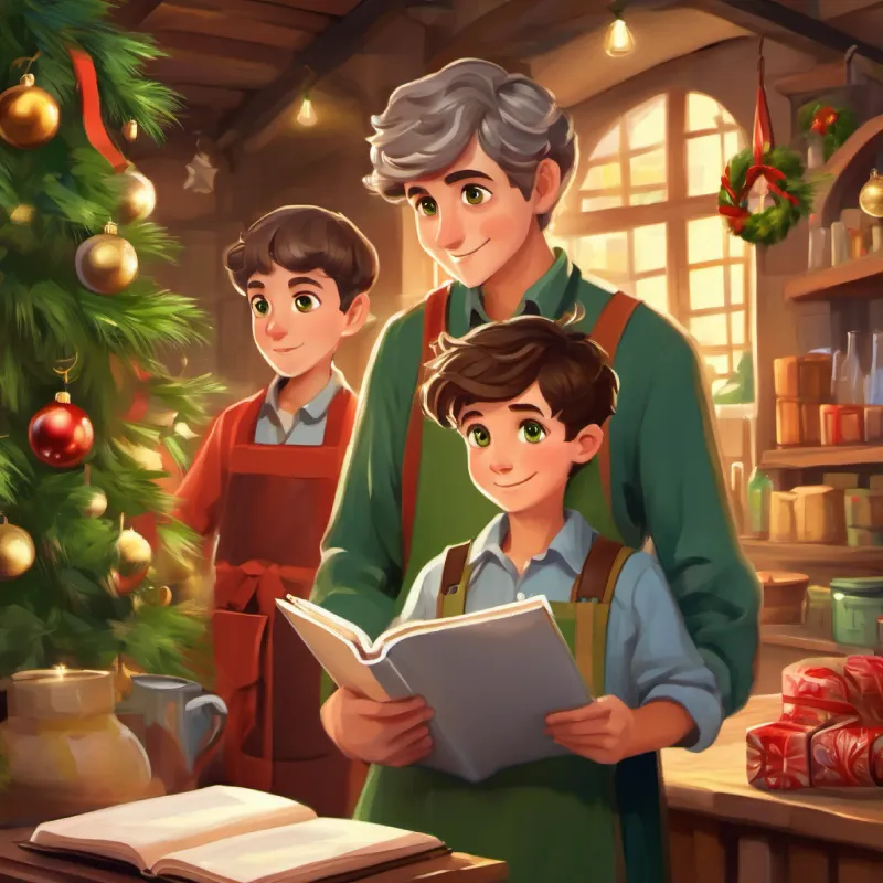Curious boy, short brown hair, green eyes, carrying a notebook is engaged and learning from Warm vendor, gray-haired, wearing apron, wise eyes, olive skin.