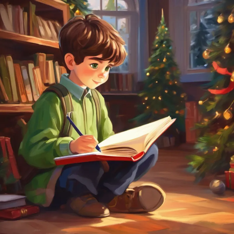 Curious boy, short brown hair, green eyes, carrying a notebook shows gratitude for the knowledge shared.