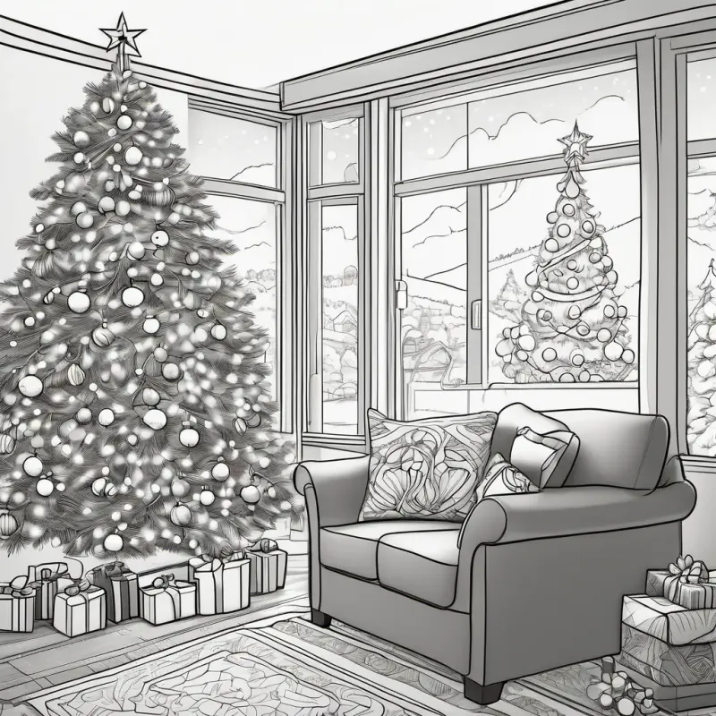 Bob, a cheerful Christmas tree with green branches and twinkling lights, a cheerful Christmas tree, standing in a cozy living room with twinkling lights and shiny ornaments.