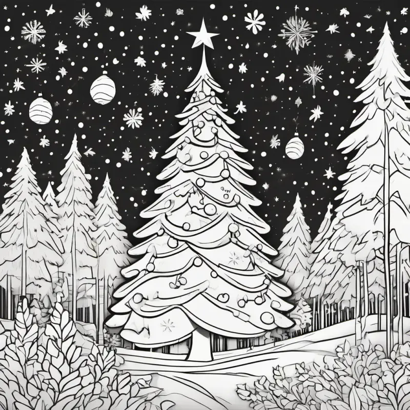 Bob, a cheerful Christmas tree with green branches and twinkling lights, surrounded by other trees in the tree farm, looking hopeful yet overlooked.