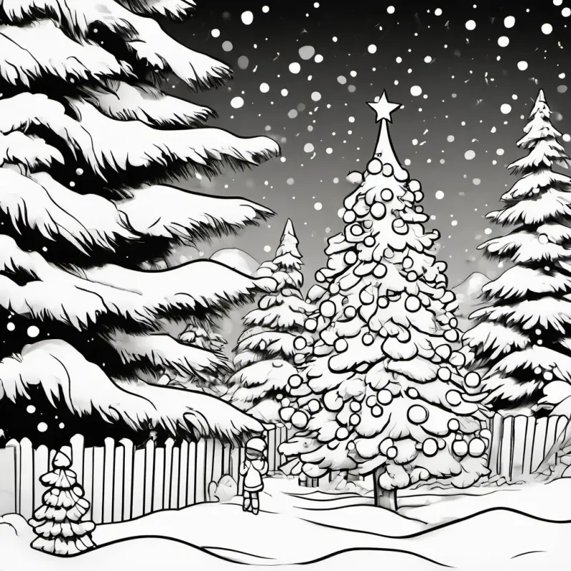 Bob, a cheerful Christmas tree with green branches and twinkling lights, with a big smile, catching the attention of little Emily amidst the snowy tree farm.