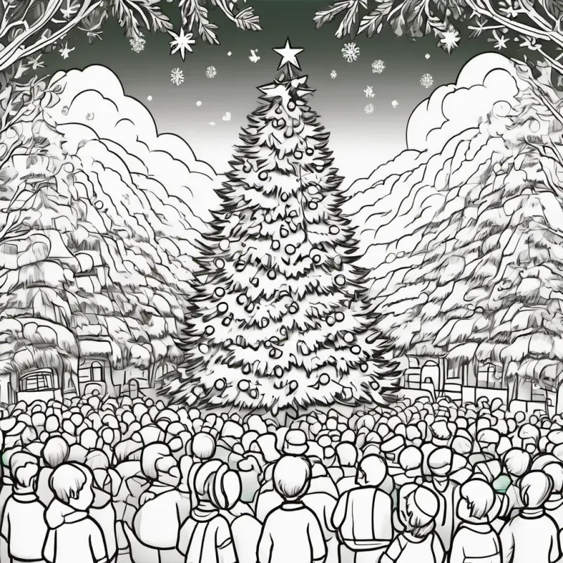 Bob, a cheerful Christmas tree with green branches and twinkling lights, surrounded by joyous people singing carols and sharing laughter, his branches joyful and dancing.