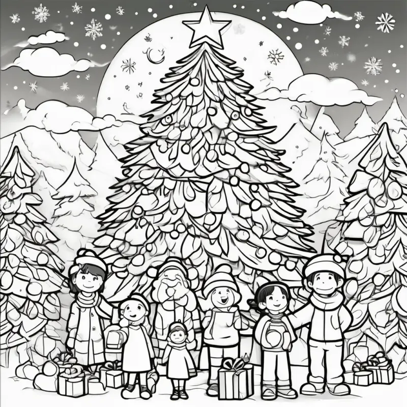 Bob, a cheerful Christmas tree with green branches and twinkling lights, standing tall and proud, surrounded by happy families, his Christmas spirit shining brightly.