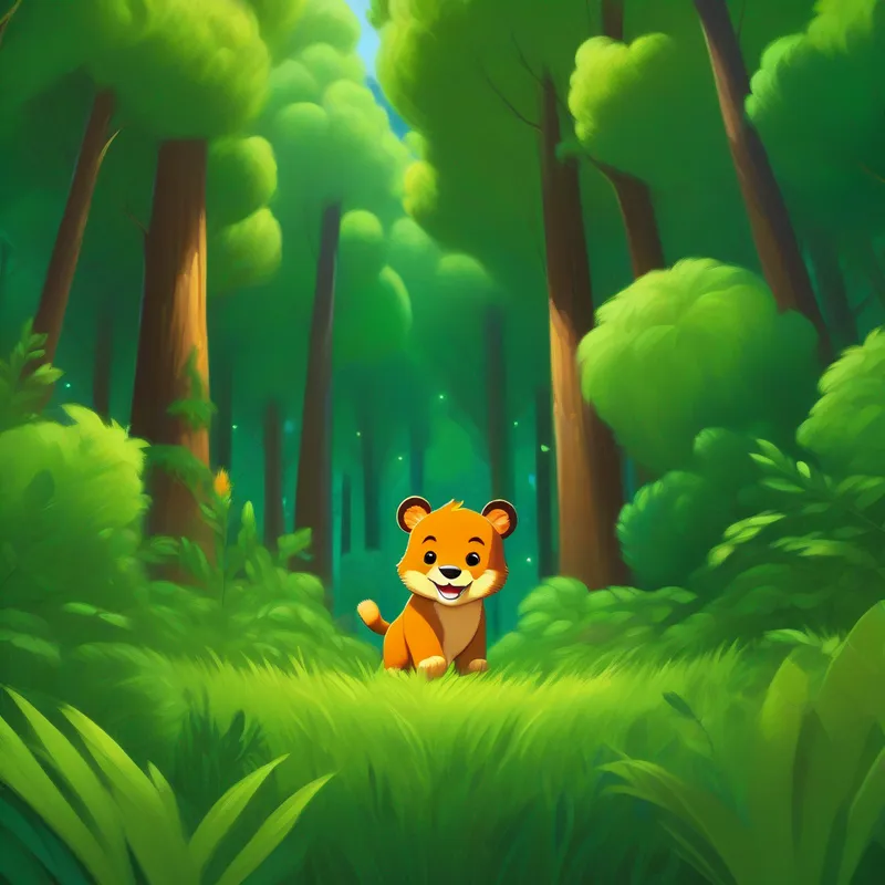A happy little cub surrounded by tall green trees.