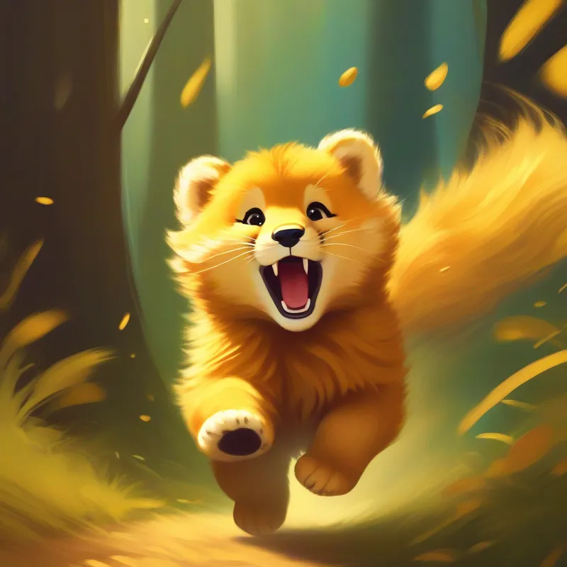 A fluffy and playful baby cub with golden fur. jumping with joy, his fur standing on end.