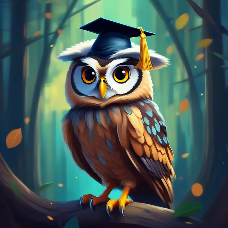 A wise owl with big round eyes, wearing a graduation cap. with big round eyes and a graduation cap.