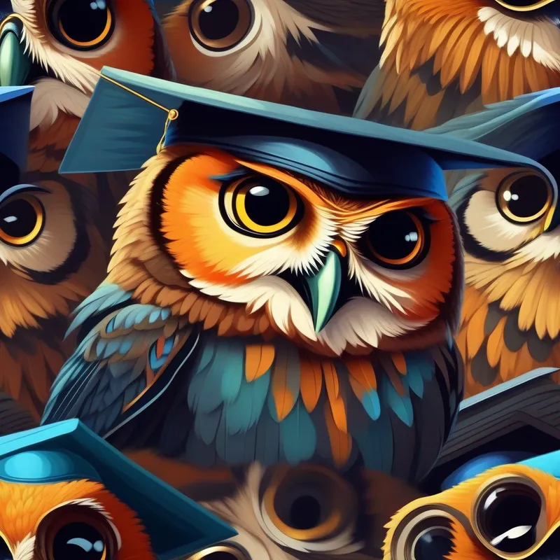 A wise owl with big round eyes, wearing a graduation cap. looking wise and curious.