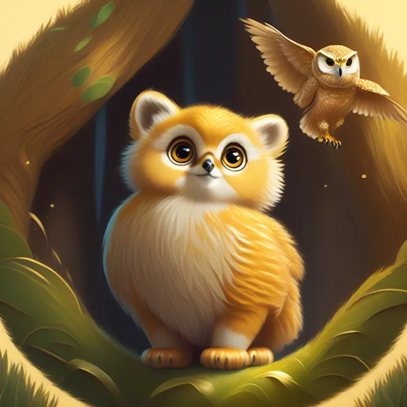 A fluffy and playful baby cub with golden fur. with wide, eager eyes, looking up at A wise owl with big round eyes, wearing a graduation cap..
